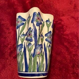 Floral Ceramic Vase - Blue and Green   Blue Iris Design